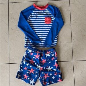 Andy & Evan Blue and Red Striped Rashguard Swim Set